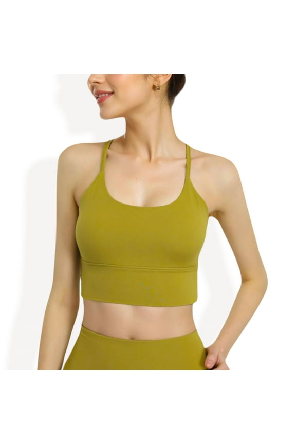 Women's Strappy Back Longline Sports Bra with Scoop Neck and Wireless Design - Small, Yellow