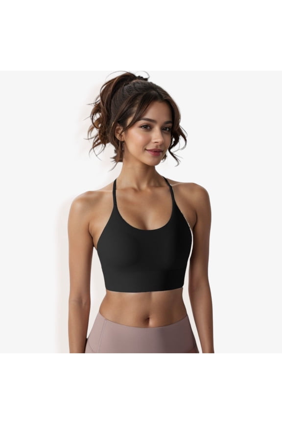 Women's Strappy Back Sports Bra with Adjustable Halter Neck and Supportive Fit- Large, Black