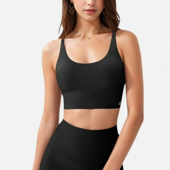 Women's Strappy Back Sports Bra with Contrast Detail and Scoop Neck - Small, Black