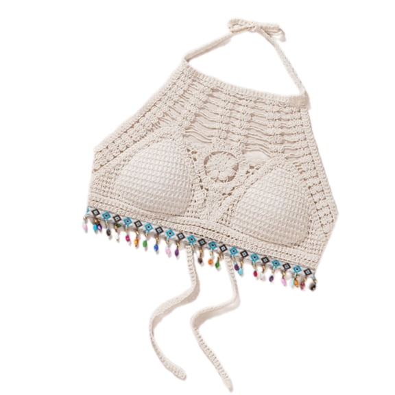 Women's Strappy Backless Bohemian Crop Top Embroidery Crochet Knit Halterneck Bra Beach Bralette Camisole with Chest Pad