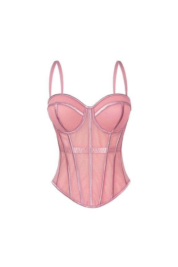Women's Strappy Bustier Mesh Crop Corset Top Push Up Fish Boned Shapewear Club Party Vest with Removable Straps