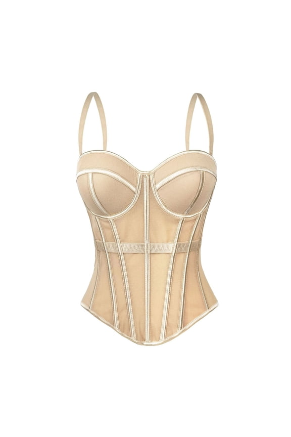 Women's Strappy Bustier Mesh Crop Corset Top Push Up Fish Boned Shapewear Club Party Vest with Removable Straps