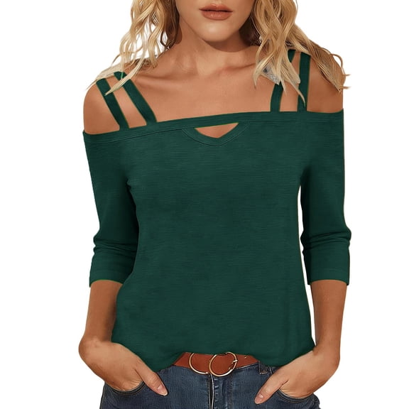 Women's Strappy Cold Shoulder Cut Out Top 3/4 Sleeve V Neck Loose Fit Lightweight Casual Summer Holiday Blouse