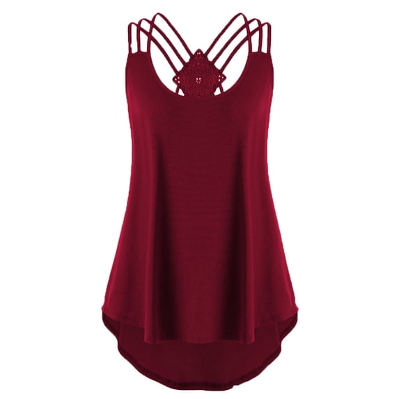 Women's Strappy Cross Back Sleeveless Tank Top, Casual Hollow Out Diamond Design Camisole, Loose Fit Basic Vest for Summer, Spring Layering and Daily Casual Wear- Wine
