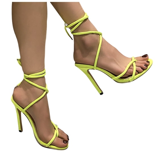 Women's Strappy Heels Sexy High Heeled Ankle Strap Open Toe Sandals Flip Flops Stilettos Summer Party Prom Dress Shoes Yellow Size 6