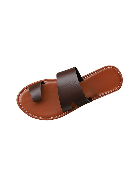 Women's Strappy PU Leather Flats Sandal Cute Dressy Toe Ring Open Toe Slip on Slide Sandals Fashion Women Casual Round Head Slippers Comfy Beach Casual Shoes
