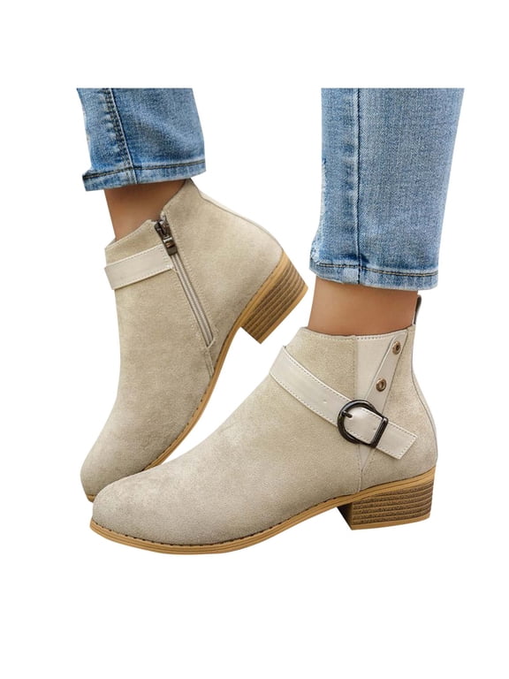 Women's Strappy Round Toe Buckle Chunky Heel Ankle Booties Fall Winter Closed Toe Bootie Shoes with Zipper Casual Low Heel Boots