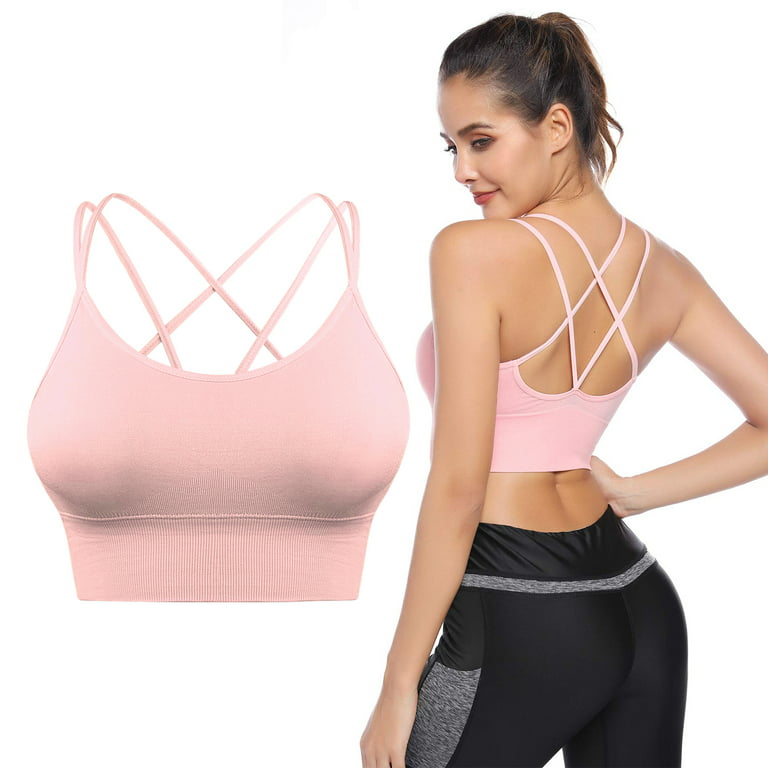 Women's Strappy Sports Bra, Criss Cross Back Bra, Padded Support Yoga Bra  for Indoor Outdoor Running Fitness, Pink, XXL Size