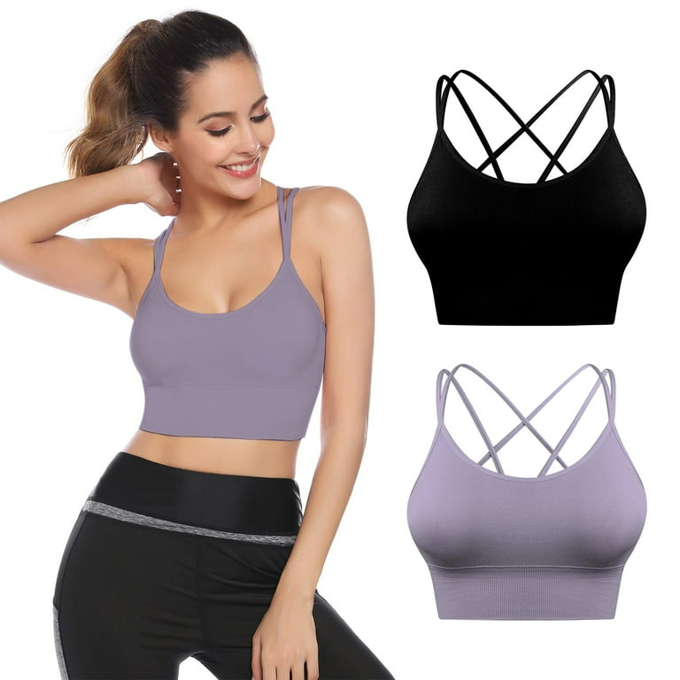 Women's Strappy Sports Bra, Criss Cross Back Bra, Padded Support Yoga Bra  for Indoor Outdoor Running Fitness, XL Size, 2 Pack