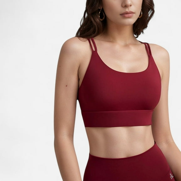 Women's Strappy Sports Bra with Double Strap Detail for Flexible Low to Medium Impact Support - Large, Burgundy