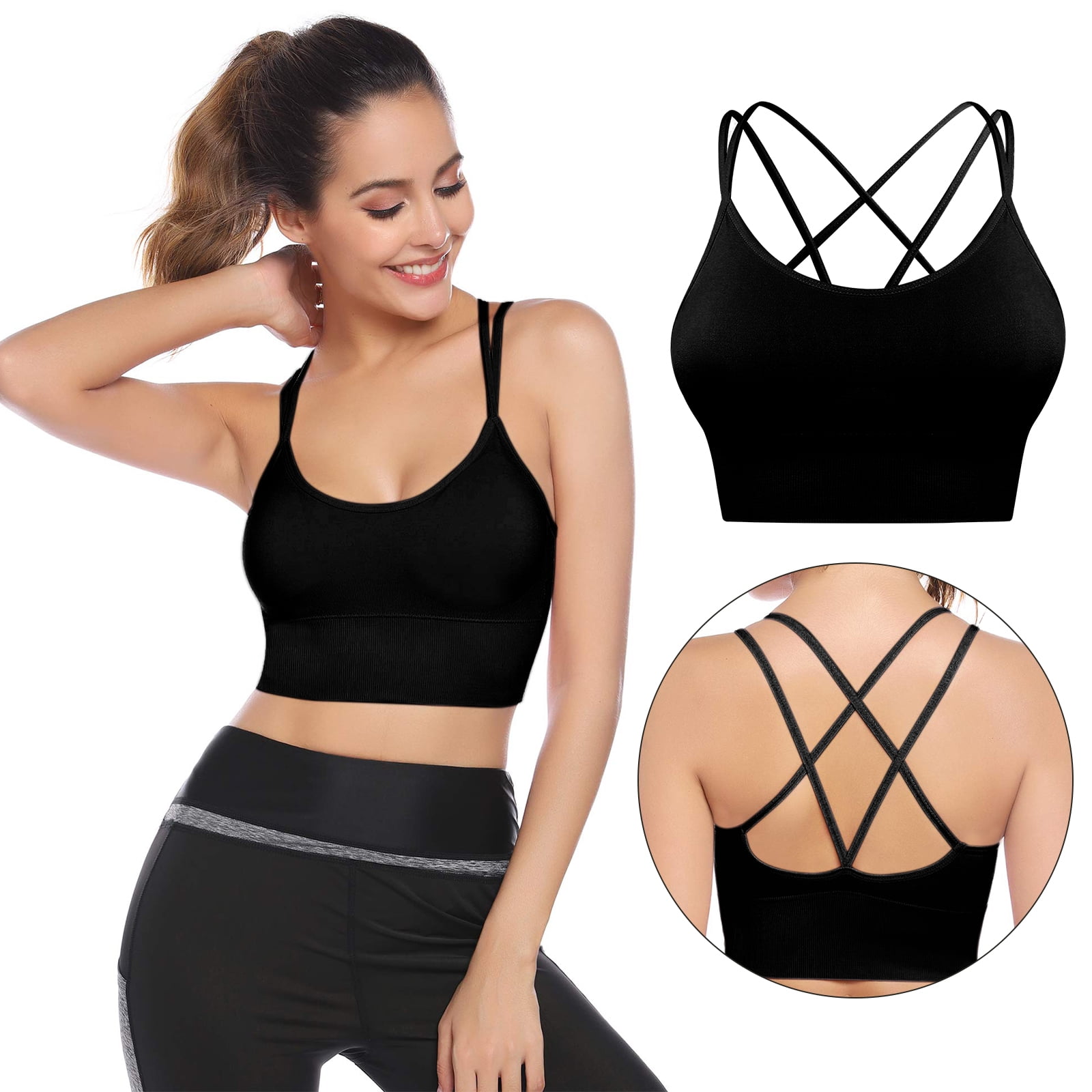 Women's Strappy Sports Bra with Pad, Sexy Crisscross Back Large Size  Support Yoga Bra for Workout Running Fitness Tank Tops, Black 