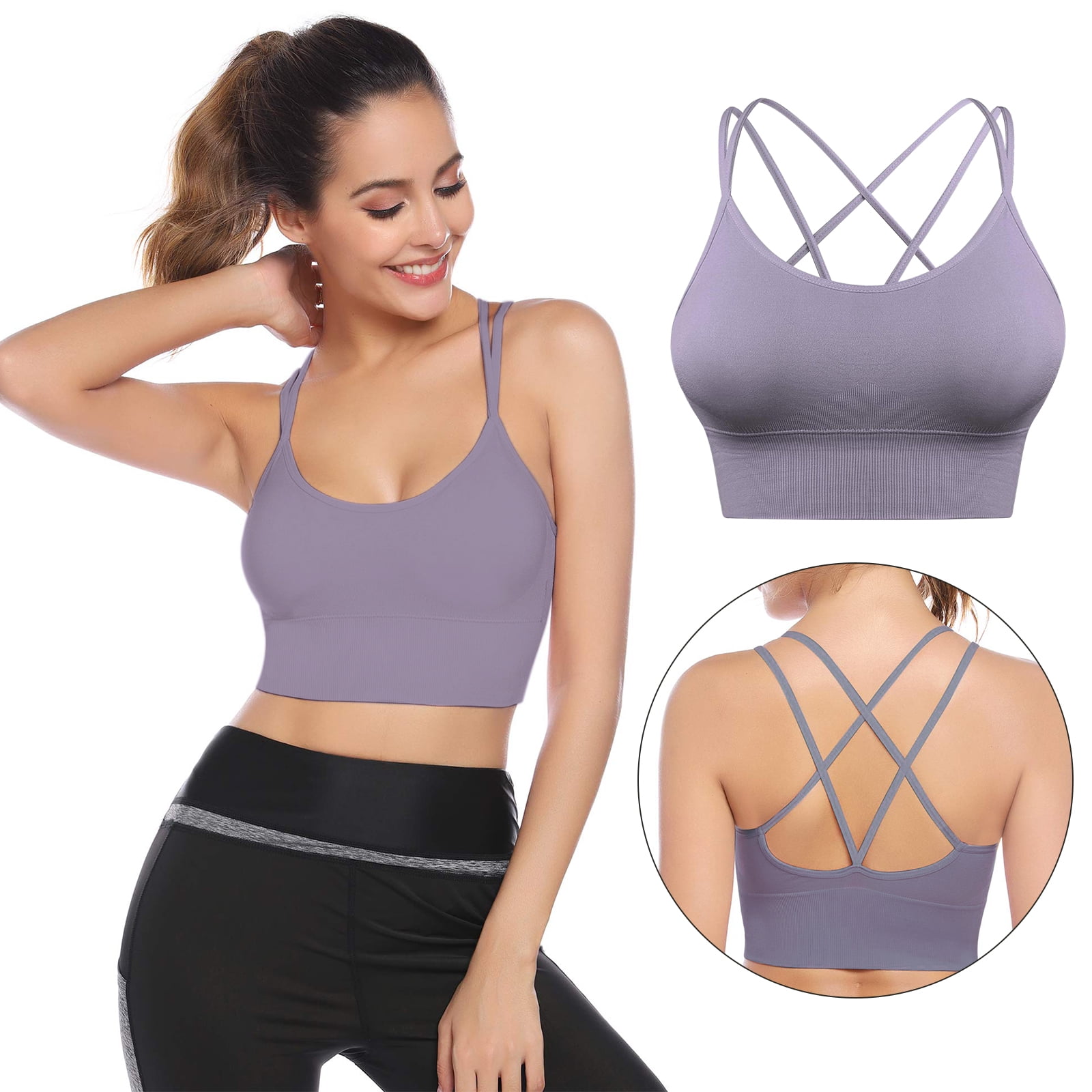Women's Strappy Sports Bra, Criss Cross Back Bra, Padded Support Yoga Bra  for Indoor Outdoor Running Fitness, XL Size, 2 Pack 