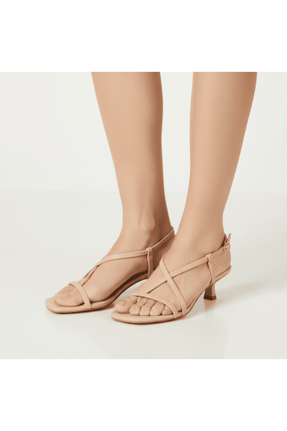 Womens Strappy Toe Thong Heels, Reggie Heels, Tan Dress Sandals with 2-Inch Heel, Size 6