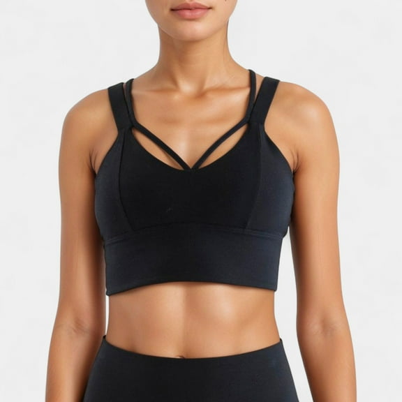 Women's Strappy V Neck Sports Bra Top with Wide Shoulder Bands and Soft Stretch Fabric - Large, Black