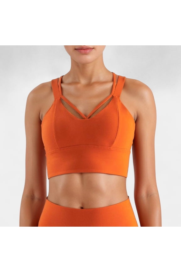Women's Strappy V Neck Sports Bra Top with Wide Shoulder Bands and Soft Stretch Fabric - X Large, Orange