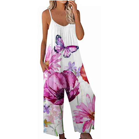 Women's Strapy Wide Leg Jumpsuits Pleated Floral Printed Rompers Overalls Sleeveless Baggy One Piece Outfits Pants with Pockets