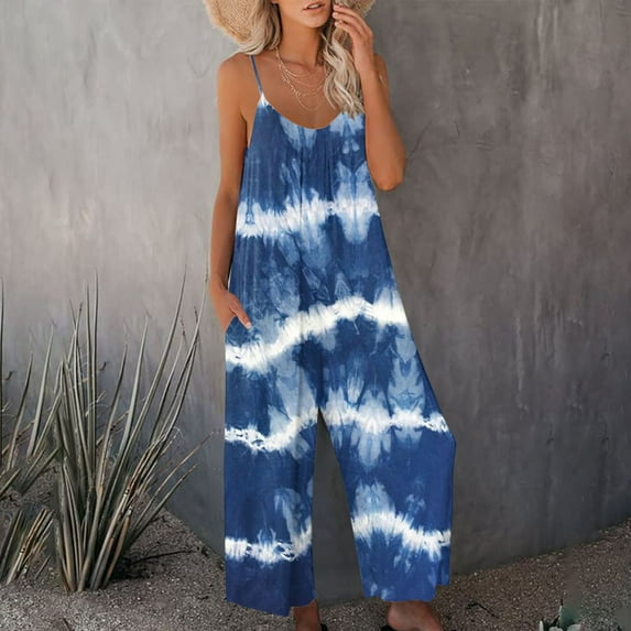 Spaghetti Strap Jumpsuits Overalls for Women Sleeveless Pockets Graphic Loose Summer Rompers Casual Wide Leg Long Pants