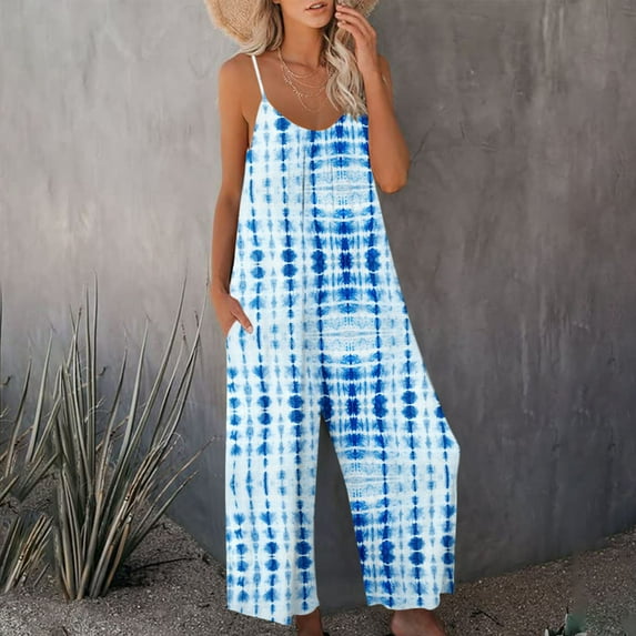 Women's Strapy Wide Leg Jumpsuits Pleated Tie-Dye Rompers Overalls Sleeveless Baggy One Piece Outfits Pants with Pockets
