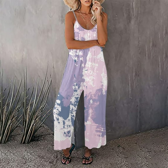 Women's Strapy Wide Leg Jumpsuits Pleated Tie-Dye Rompers Overalls Sleeveless Baggy One Piece Outfits Pants with Pockets