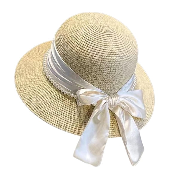 Women's Straw Beach Hat, UV Protection Wide Brim with Satin Bow & Pearl Detail, Elegant Sun Hat for Summer Beige One Size