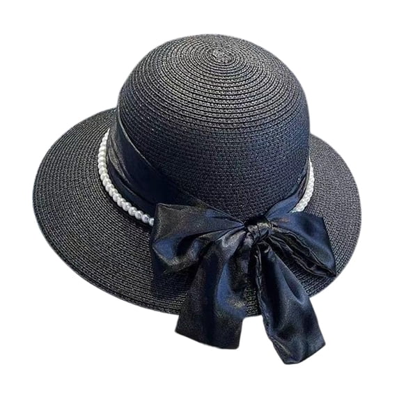Women's Straw Beach Hat, UV Protection Wide Brim with Satin Bow & Pearl Detail, Elegant Sun Hat for Summer Black One Size