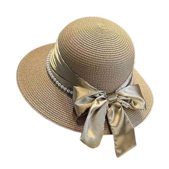 Women's Straw Beach Hat, UV Protection Wide Brim with Satin Bow & Pearl Detail, Elegant Sun Hat for Summer Khaki One Size