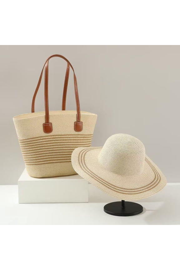 Women's Straw Beach Tote Bag and Sun Hat Set, Large Capacity Summer Handbag with Striped Design, Wide Brim Sun Protection Hat for Travel, Vacation