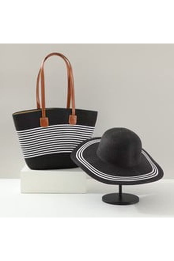 Women's Straw Beach Tote Bag and Sun Hat Set, Large Capacity Summer Handbag with Striped Design, Wide Brim Sun Protection Hat for Travel, Vacation