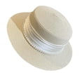thumbnail image 1 of Women's Straw Boater Hat Elegant Flat Top Sun Hat with Pearl Tie & Satin Band Wide Brim Summer Beach Hat for Travel, 1 of 5