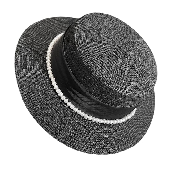 Women's Straw Boater Hat Elegant Flat Top Sun Hat with Pearl Tie & Satin Band Wide Brim Summer Beach Hat for Travel