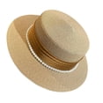 thumbnail image 1 of Women's Straw Boater Hat Elegant Flat Top Sun Hat with Pearl Tie & Satin Band Wide Brim Summer Beach Hat for Travel, 1 of 4