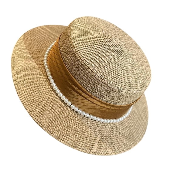 Women's Straw Boater Hat Elegant Flat Top Sun Hat with Pearl Tie & Satin Band Wide Brim Summer Beach Hat for Travel