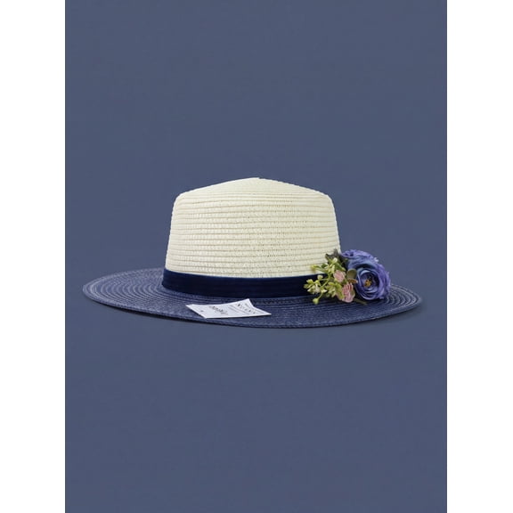 Women's Straw Boater Hat, Floral Wide Brim Sun Hat, Summer Beach Boater Hat, Boho Wedding Guest Accessory, Cottagecore Straw Hat