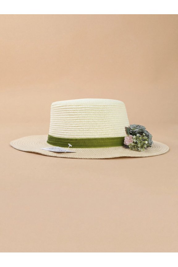 Women's Straw Boater Hat, Floral Wide Brim Sun Hat, Summer Beach Boater Hat, Boho Wedding Guest Accessory, Cottagecore Straw Hat