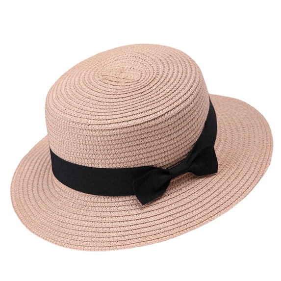 Women's Straw Boater Sun Hats, Flat Top Wide Brim Sun Hat with Black Bow Ribbon, Foldable Beach Hat for Daily Outdoor