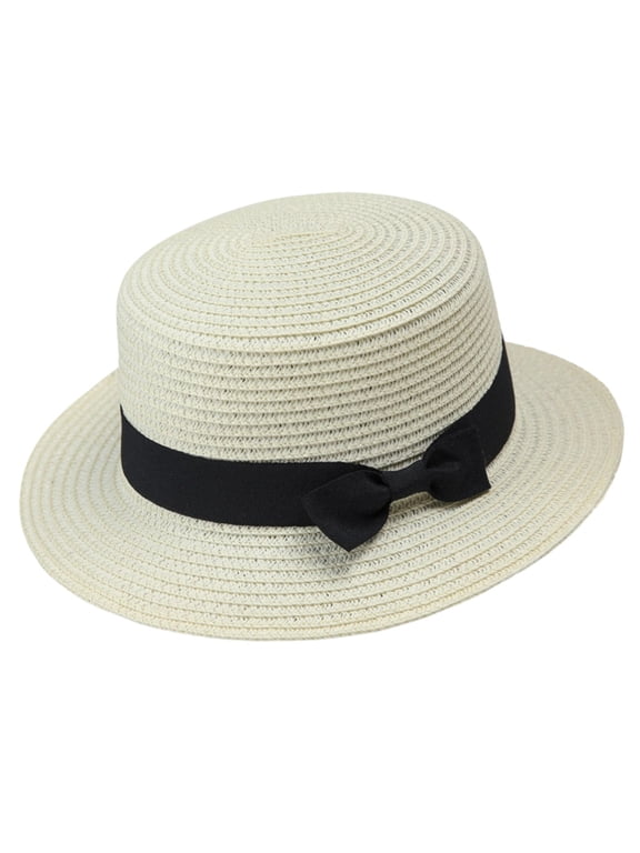 Women's Straw Boater Sun Hats, Flat Top Wide Brim Sun Hat with Black Bow Ribbon, Foldable Beach Hat for Daily Outdoor