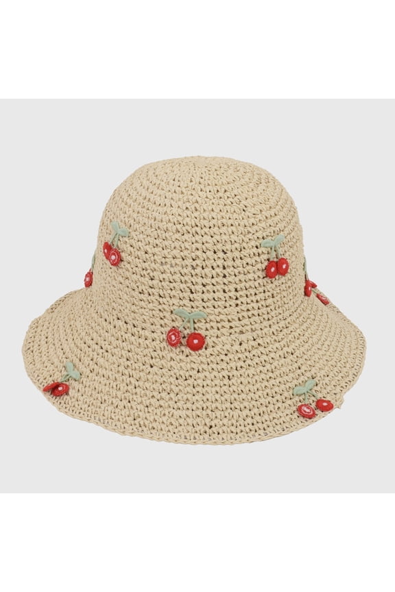 Women's Straw Bucket Hat with Cherry Embellishments - Red Beige