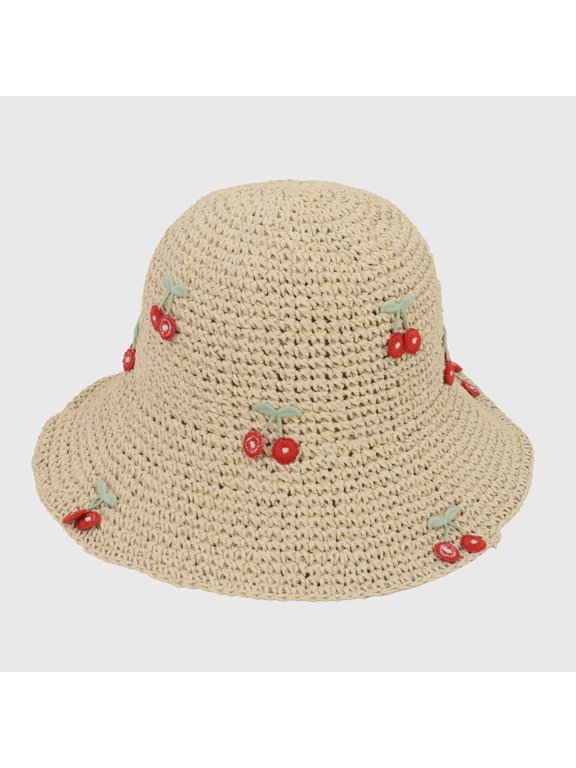 Women's Straw Bucket Hat with Cherry Embellishments - Red Beige