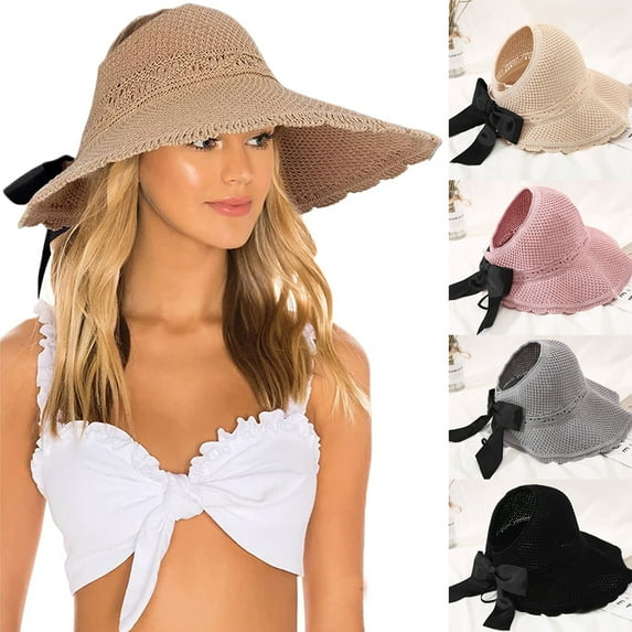 Women’s Straw Crochet Beach Sun Visor Poneytail Hats Adjustable Floppy Hat