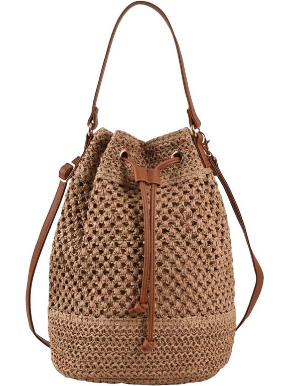 Women's Straw Crossbody Bag Boho Drawstring Crochet Bucket Handbags