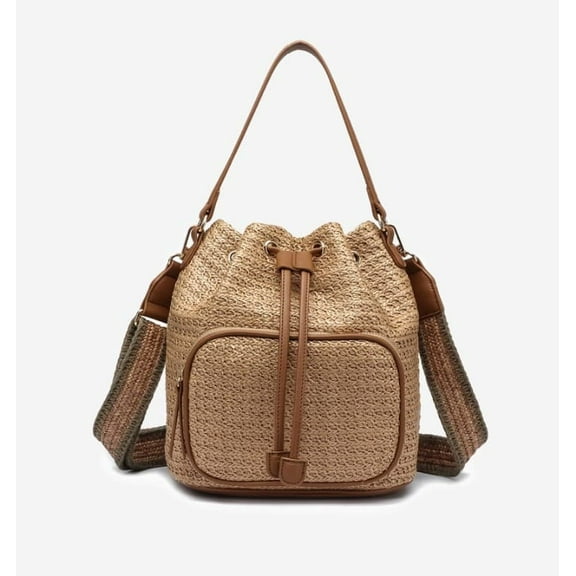 Women's Straw Drawstring Bucket Handbag
