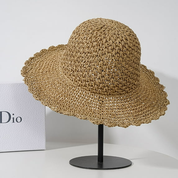 Women's Straw Floppy Sun Hat Foldable Wide Brim Summer Beach Crochet Hat/Khaki
