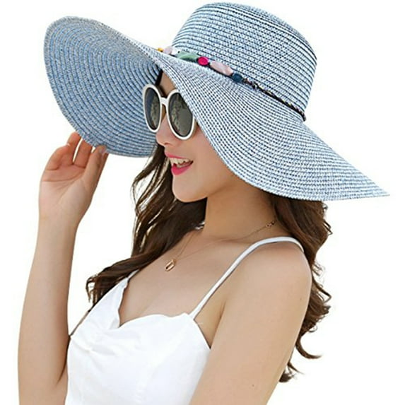 Women's Straw Hat, Beach Hat Oversized Straw Hat, Foldable Sun Hat/Blue