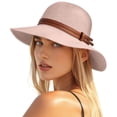 thumbnail image 1 of Women's Straw Panama Hat, UPF 50+ Wide Brim Foldable Summer Sun Hat, Lightweight Breathable Beach Travel Cap with Denim Rope for Wedding Party Daily Wear Light Pink, 1 of 5