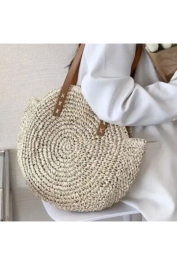 Women's Straw Shoulder Bag, Black and White