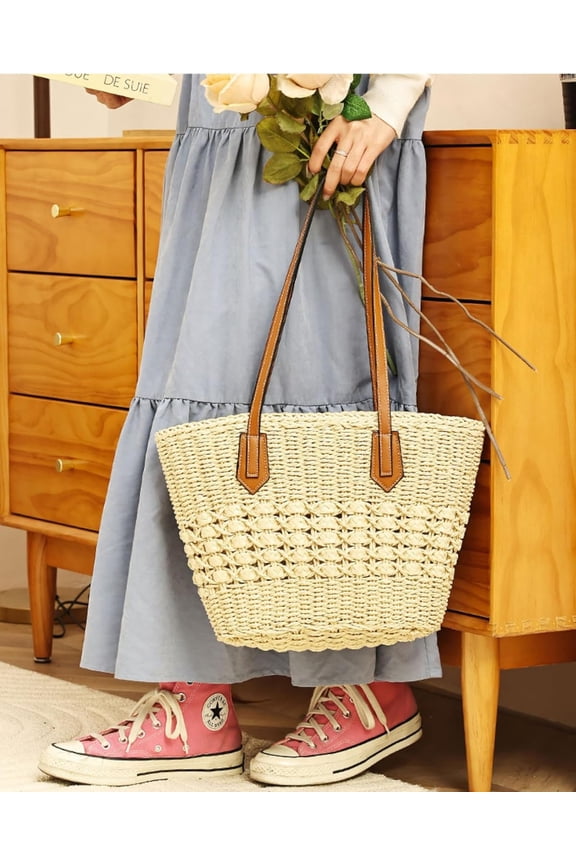 Women's Straw Shoulder Bag Large Rattan Woven Tote, Handmade Beach Bag Summer Purse with Zipper Closure