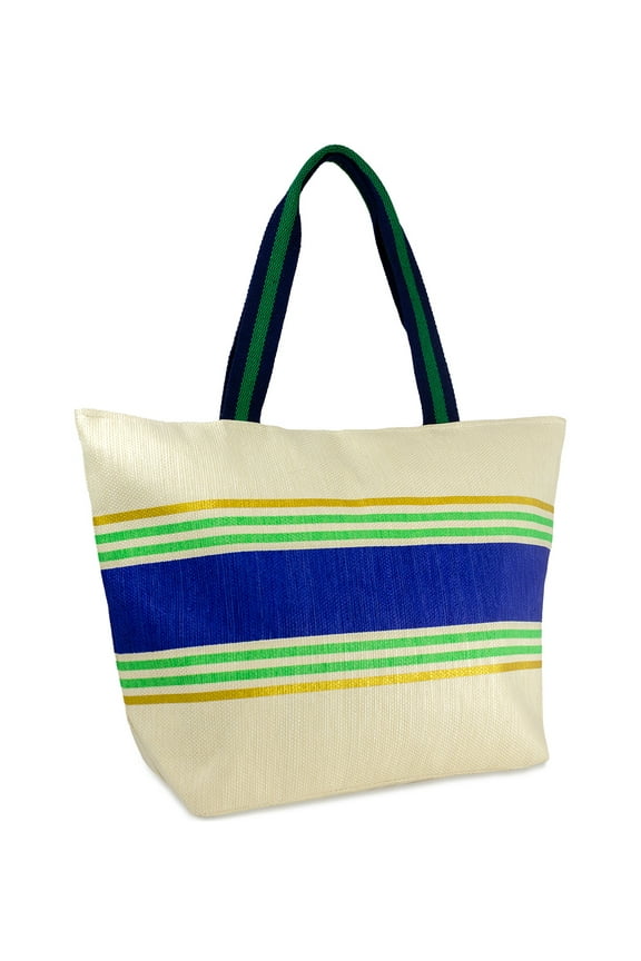 Women's Straw Striped Beach Tote with Flat Handle