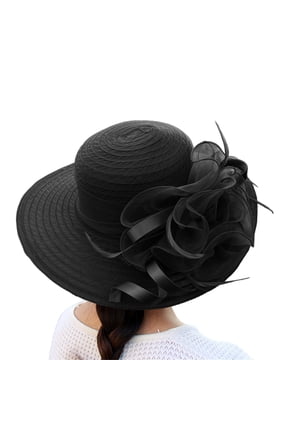 Women's Straw Style Sun Hat, Floppy Wide Brim Hat with Sheer Mesh Ribbon Flower, Foldable Wedding Church Garden Party Hat, Spring Summer Beach Hat - Black