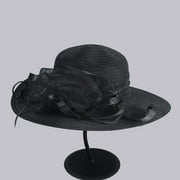 Women's Straw Style Sun Hat, Floppy Wide Brim Hat with Sheer Mesh Ribbon Flower, Foldable Wedding Church Garden Party Hat, Spring Summer Beach Hat - Black
