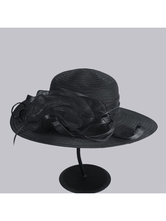 Women's Straw Style Sun Hat, Floppy Wide Brim Hat with Sheer Mesh Ribbon Flower, Foldable Wedding Church Garden Party Hat, Spring Summer Beach Hat - Black